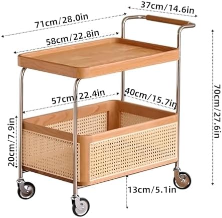 Brown Wood Rolling Side Table - 2-Tier Multi-Functional Utility Cart with Rat...