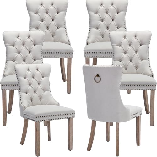 Modern Beige Upholstered Dining Chairs Set of 6 with Solid Wood Legs