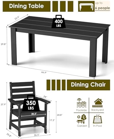 GREENVINES 7-piece Outdoor Dining Set, HDPE Table & 6 Chairs, Black