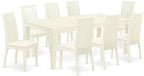 East West Furniture LGIP9-LWH-C 9 Piece Dining Room Table Set Includes a Rectangle Kitchen Table with Butterfly Leaf and 8 Linen Fabric Upholstered Dining Chairs, 42x84 Inch, Linen White