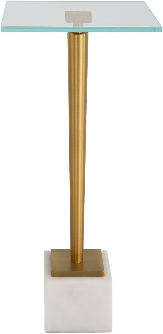 Miri Accent Table | Brass Plated and Tempered Glass Top with White Marble Bas...