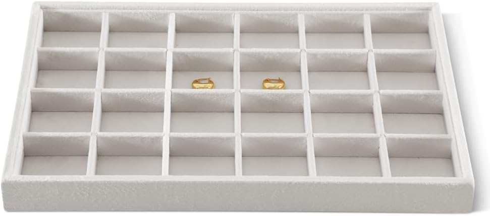 Velvet Stackable Jewelry Display Tray, 24 Grid Earring Ring Storage Tray, Drawer Divider Jewelry Accessories Organizer Plate (White)