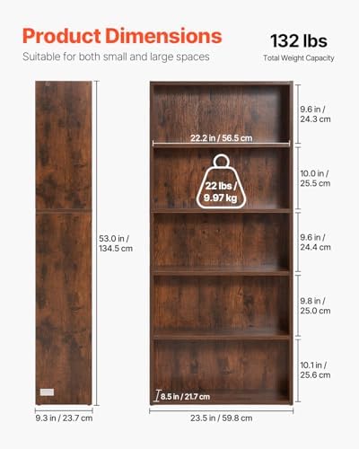 VEVOR 5 Tiers Narrow Bookshelf, 53 in Wooden Open Bookcase with Height-Adjust...