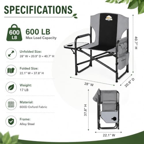 Colegence Oversized Directors Camping Chairs, 2 Pack, 600 lb, Black | Heavy d...