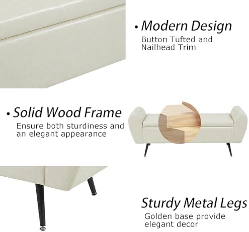 56" Faux Leather Storage Bench for Bedroom King Size Bed, Beige | Long Ottoman, Modern End of Bed Bench, with Arm, Upholstered, For Bedroom/Living Room/Window/Entryway