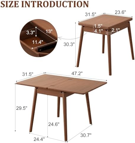 Solid Wood Small Dining Table for 2-6, 23.6"L-47.2"L Expandable Kit...