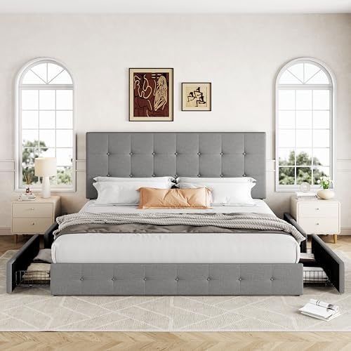 Allewie King Size Storage Bed Frame with 4 Underbed Drawers, Light Grey