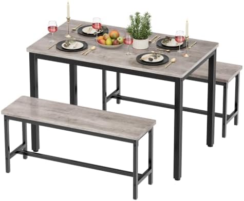 Dining Table Set for 4, 3-Piece Kitchen Table with 2 Benches, Grey
