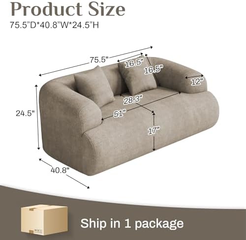 75" Cloud Loveseat, Modern Cute Curved Chenille Sofa, 2 Seater Compressi...