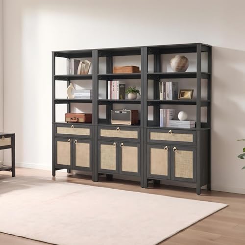 SICOTAS 68.5" Tall Boho Rattan Bookshelf with Drawer and Storage Doors