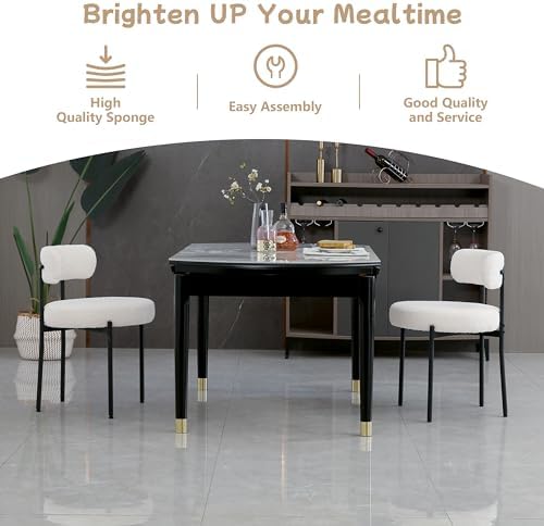 White Dining Chairs Set of 4 Round Upholstered Boucle Dining Room Chairs Mid-...