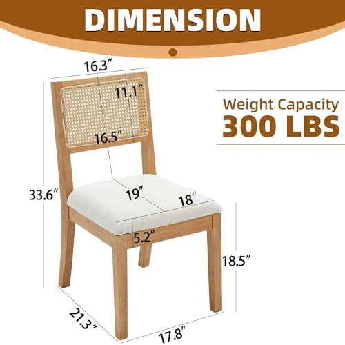 Rattan Dining Chairs Set of 6, Natural Upholstered Kitchen/Restaurant Chair