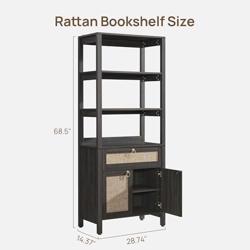 SICOTAS 68.5" Tall Boho Rattan Bookshelf with Drawer and Storage Doors