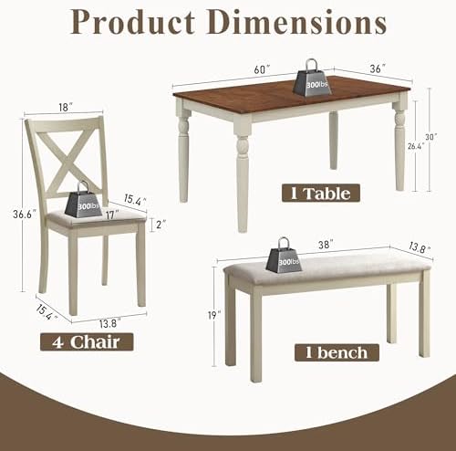 LUXOAK 6 Piece Solid Wood Dining Table Set with 60" Farmhouse Table