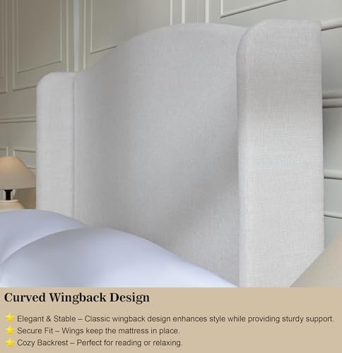 Upholstered Platform Wingback Bed Frame with 54" High Headboard, Solid W...