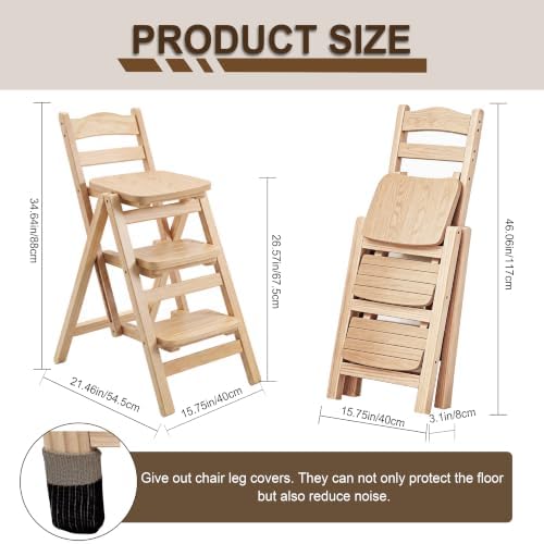 Folding Bar Stool, 3 Step Portable Adults Solid Wood Ladder Stool, Wood