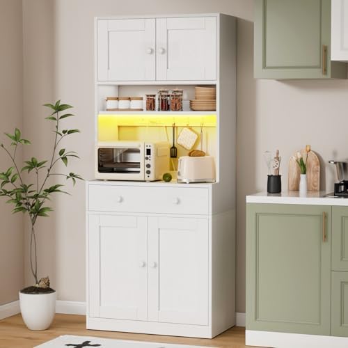 71" Tall Kitchen Pantry Cabinet with Microwave Countertop, LED Lights Wh...