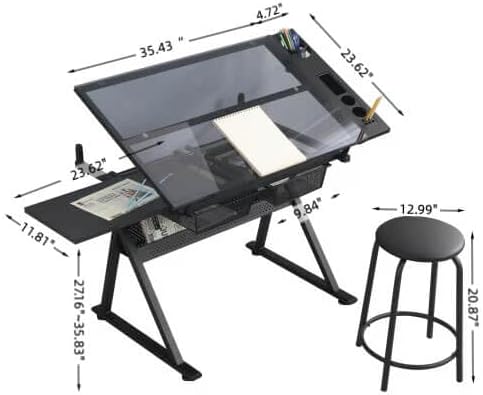 Litex Adjustable Drafting Table with Stool, Glass Top Art Desk for Drawing &a...