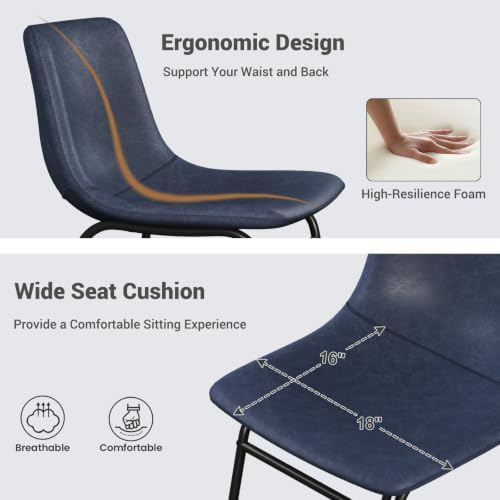 Dining Chairs Set of 6, 18in PU Leather Modern Kitchen Chairs, Blue