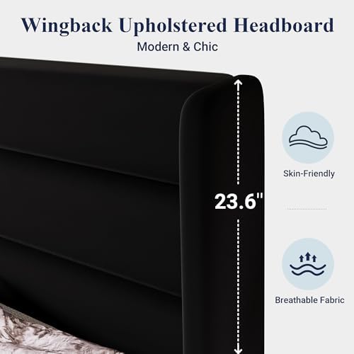 Allewie Full Size Platform Bed Frame with Velvet Upholstered Wingback Headboa...