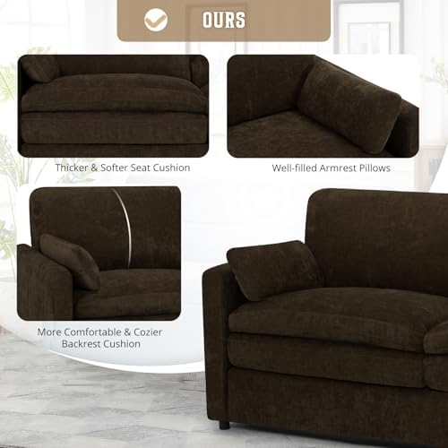 Comfy Chenille Sofa Set with Well-Filled Pillows, Brown | Modern 3 Seater &am...