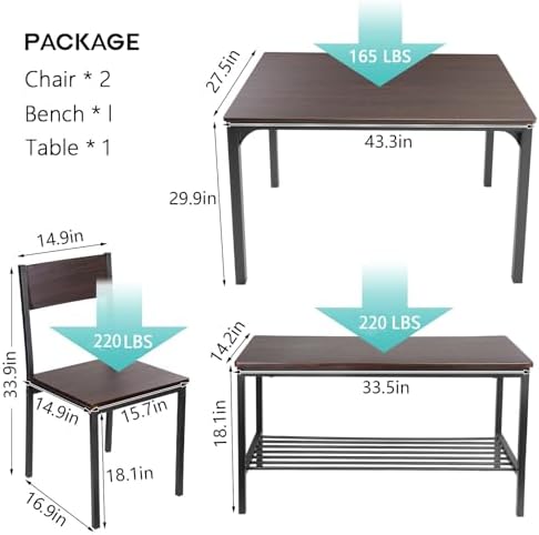 soges Kitchen Table Set for 4, Nesting Table with 2 Chairs & Bench, Oak