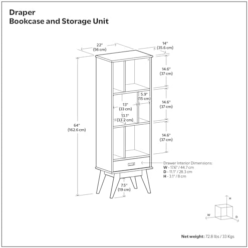 SIMPLIHOME Draper 22W x 64H Solid Wood Bookcase in Tawny Brown Teak