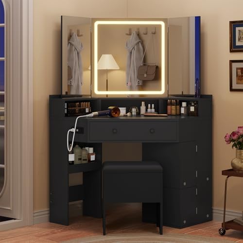 HAUOMS Corner Vanity Desk with Mirror Lights & Storage Bench, Black | Mak...