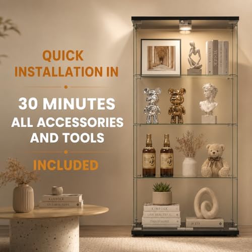 Glass Display Cabinet 4-Shelf 2 Doors with LED Push Light Lockable Glass Disp...