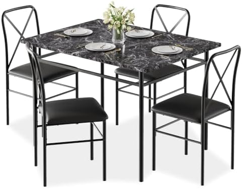 VECELO 5-Piece Dining Table Set for 4 with Upholstered Chairs, Pure Black | F...