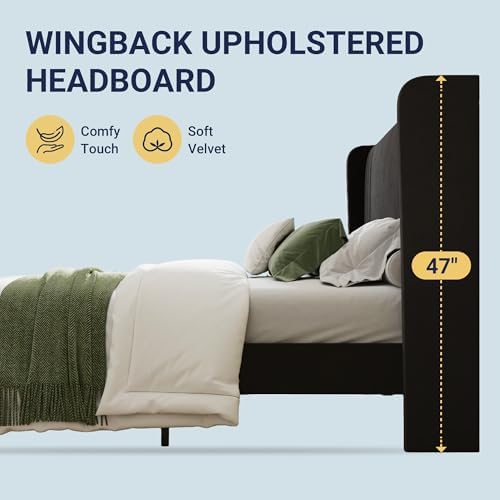 Allewie Queen Size Velvet Platform Bed Frame, Tall Wingback Headboard, Black