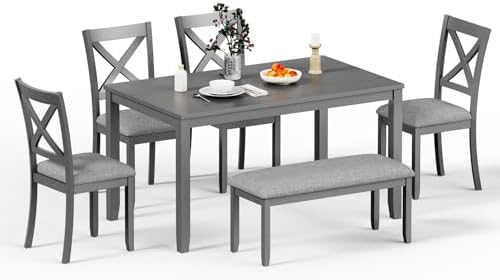 Zevemomo 6-Piece Solid Wood Dining Table Set, Wooden Legs, Grey | Including 1...
