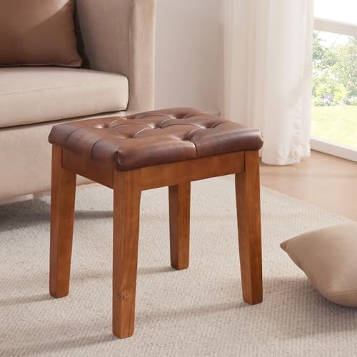 Ottoman Vanity Wooden Stool with Padded Seat, Faux Leather Brown | Square Woo...