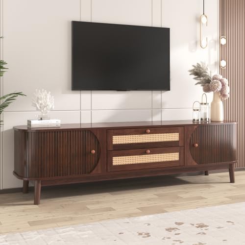 Bellemave Rattan TV Stand for up to 75", Modern Media Console with 2 Cabinets & 2 Drawers, Solid Wood Entertainment Center with Sliding Doors for Living Room, Bedroom (Walnut)