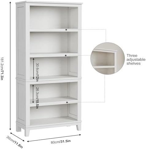 71" Farmhouse Bookcase, 5-Tier Tall Bookshelf with Adjustable Shelves