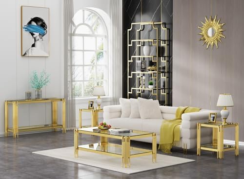 55” Rectangle Glass Console Table, 2-Tier Sofa Table with Clear Tempered Glass Top Golden Mirrored Stainless Steel Legs, Modern Luxury Narrow Entryway Table with Lower Shelf for Living Room
