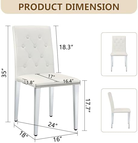 White Dining Chairs Set of 4, Faux Leather, Silver Metal Legs | Button-Tufted...