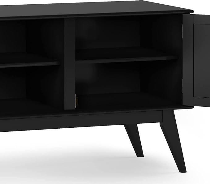SIMPLIHOME Draper TV Stand - 60 inch Wide Solid Wood Low Media Console in Black, Mid Century Modern Entertainment Center for Living Room for TVs up to 65 Inches with Cabinets and Cable Management