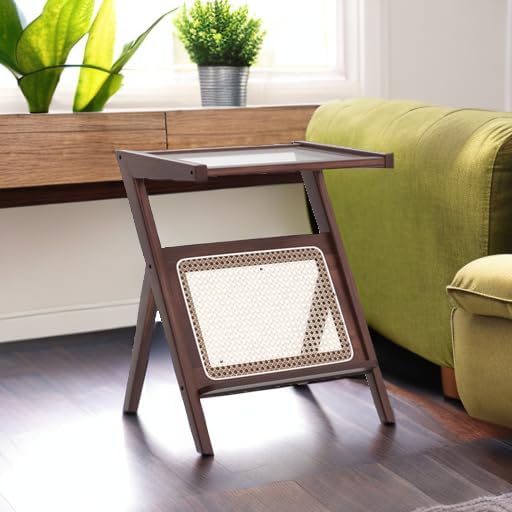 Tiita Brown Rattan Nightstand, Bamboo Side Table with Glass Top and Storage