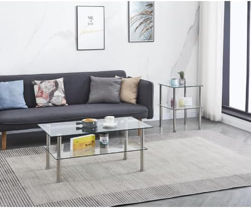 Modern Glass and Metal 2-Tier Side Table, Transparent Tstructure with Storage...