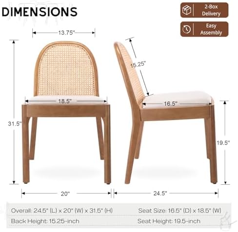 HEAH-YO Rattan Dining Chairs Set of 4, Upholstered Linen Dining Room Chairs w...