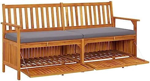 67 Inch Outdoor Storage Bench, Solid Acacia Wood Garden Bench with Thick Cush...