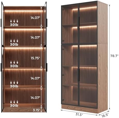 Mekminop Glass Display Cabinet with Lights and Shelves, Modern Display Case C...