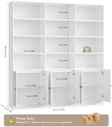 FACBOTALL 75" Tall Bookshelf, White Bookshelf and Bookcase with 6 Doors