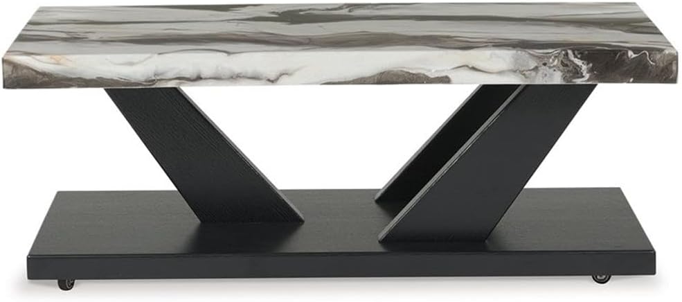 BOWERY HILL Coffee Table Set, 3-Piece, Faux White Marble Tops, Black Wood Fra...