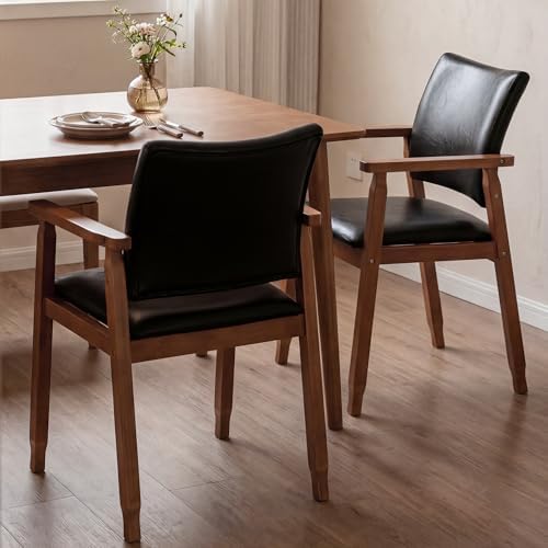 Dining Chairs with Arms Set of 4, Wood Frame Faux Leather Kitchen Chairs, Com...
