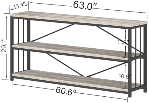 IBF 63 Inch Long Horizontal Bookshelf, Industrial 3 Tier Low Bookcase Grey