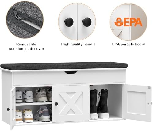 Homleke Shoe Storage Bench with Lift Top & 3 Barn Doors | Entryway Bench ...