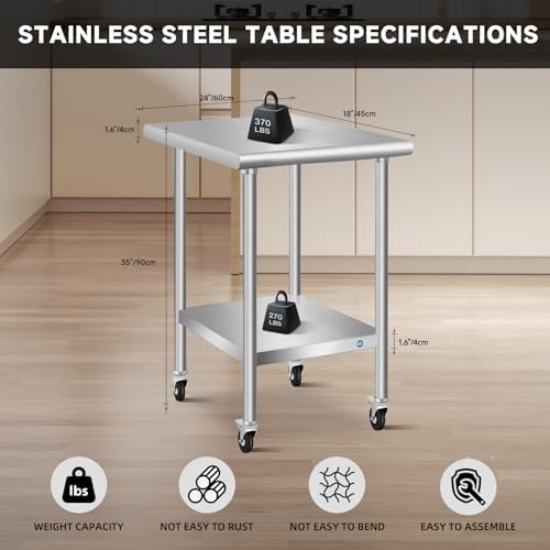 Stainless Steel Table with Wheels 24 x 18 Inch Commercial Stainless Steel Pre...