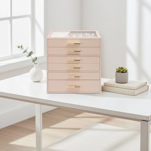 VLANDO 5-Drawer Jewelry Box with Glass Lid, Faux Leather Organizer for Rings Earrings Necklaces and More, Gift-Ready Jewelry Case for Women Girls or Moms, Latte